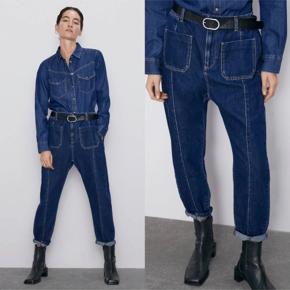 Zara Women’s size 8 Baggy Jeans Seamed Dark Wash Denim Front Patch Pockets Retro